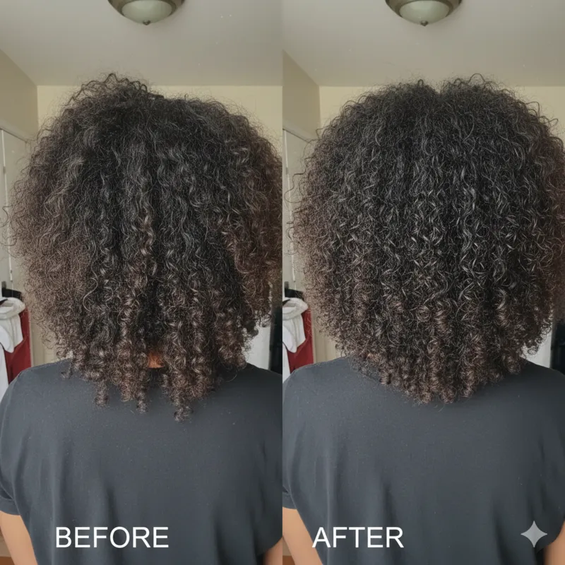 Curly hair before and after following a personalized routine
