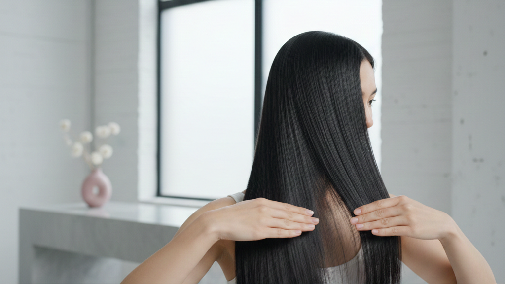 Woman running hands through long, healthy hair