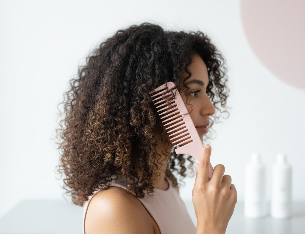 Combing curly hair with a wide-tooth comb
