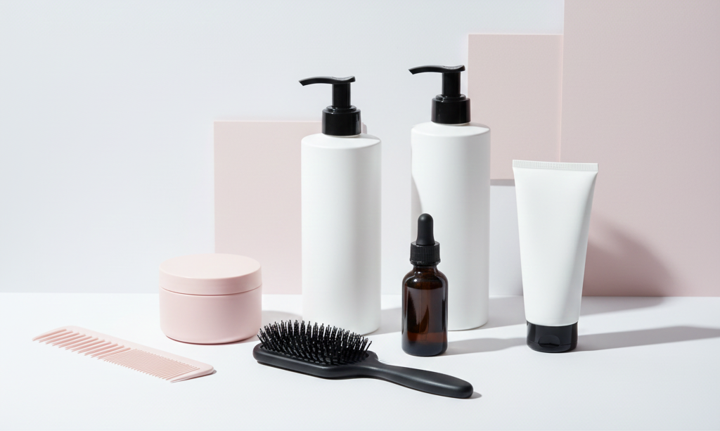 Curly hair products arranged on a table